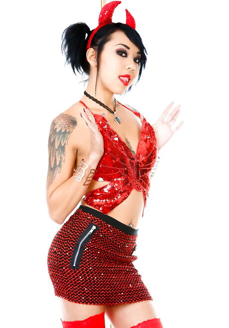 Sexy american brunette Kimberly Chi in cosplay costume in strange fetish gallery 